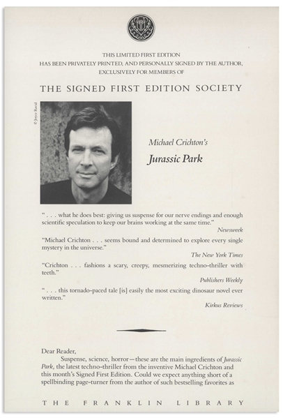 Michael Crichton Signed Deluxe Limited Edition of His Classic ''Jurassic Park''